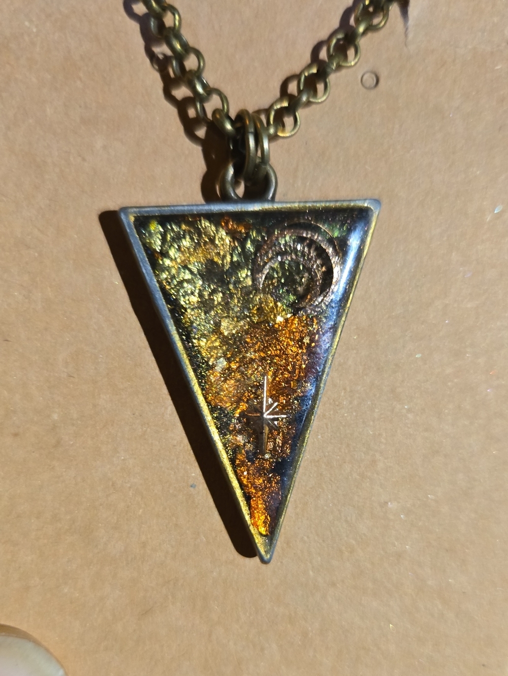 Hand Crafted Artisan Triangle Pendant Necklace in Gold, Copper Tones, Celestial - Picture 2 of 4